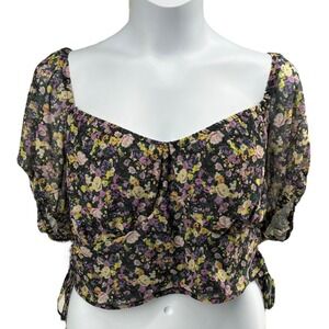 Black Floral‎ Off Shoulder Ruched Cinched Side Crop Top Plus 2X NWT Love Fire
